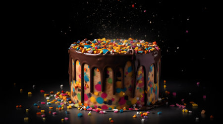 Birthday cake with sprinkles on a black background, close upの素材