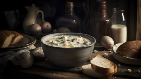 Creamy sour cream soup with chicken in a rustic style.の素材