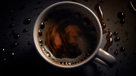 Cup of coffee with drops on dark background. 3d illustrationの素材