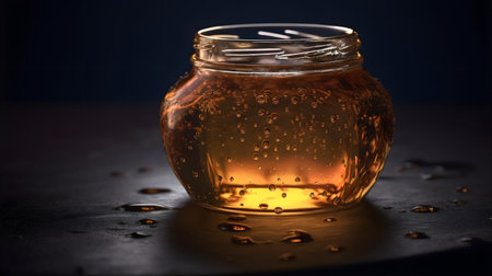 Honey in a glass jar with droplets on a black backgroundの素材