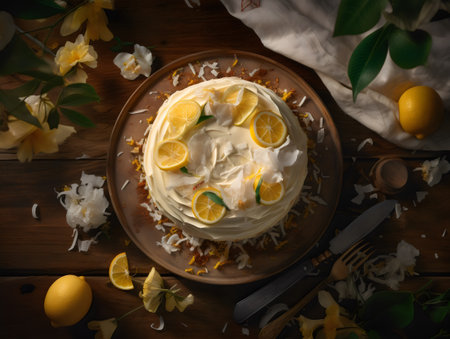 Lemon meringue cake with fresh lemons on wooden backgroundの素材