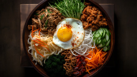 Bibimbap - Korean noodle with meat, vegetables and eggの素材