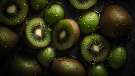 Kiwi fruit on a black background with drops of water.の素材