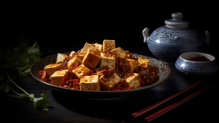Tofu with Sesame and Red Chilli on black backgroundの素材