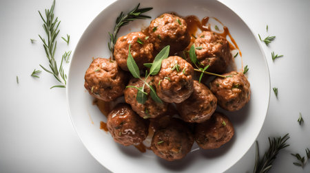 Meatballs with tomato sauce and herbs on a white plate. Toned.の素材