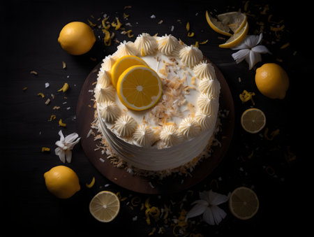 Lemon cake on a black background. Selective focus. Toned.の素材