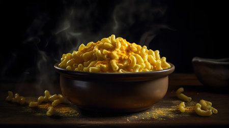 Macaroni and cheese in a bowl on a black background.の素材