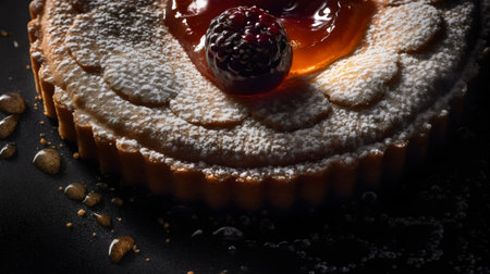 Delicious cake with berries and jam on a black background. Toned.の素材