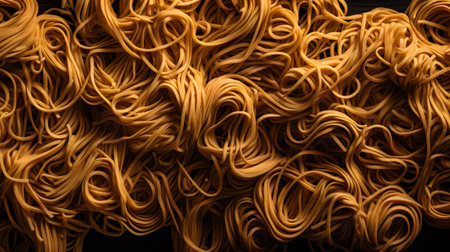 close up of dry uncooked spaghetti pasta on black background with copy spaceの素材