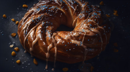 Donut with chocolate glaze and raisins on a black backgroundの素材