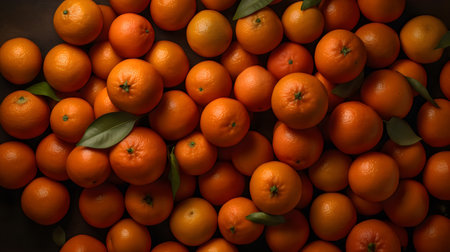 Tangerines with leaves on a dark background. Tangerine or mandarin.の素材