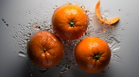 fresh tangerines with water drops on a dark background, close upの素材