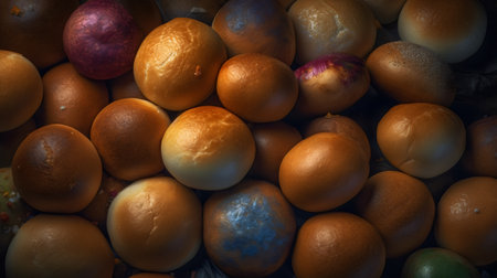 Easter eggs and oranges on a wooden background. Happy Easter.の素材