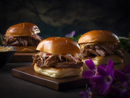 Tasty hamburger with beef and cheese served on wooden board.の素材