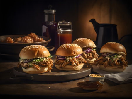Hamburgers with coleslaw and sauce on wooden tableの素材