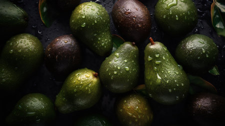 Fresh organic avocados with water drops on a dark background.の素材