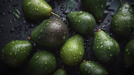 Fresh ripe avocados with water drops on a black background.の素材