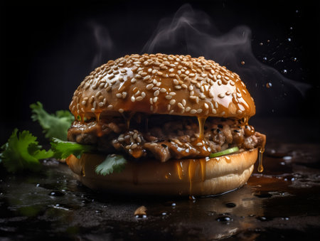 Hamburger with sesame seeds and sauce on a black backgroundの素材