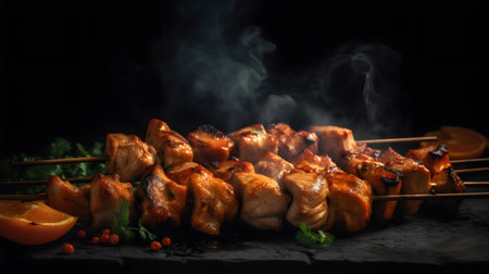 Grilled chicken shish kebab on skewers on a black backgroundの素材