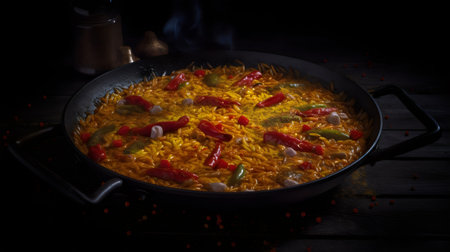 Traditional spanish paella with chicken, vegetables and spices in a frying panの素材