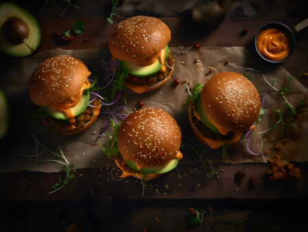Hamburgers with fresh vegetables on wooden background. Toned.の素材