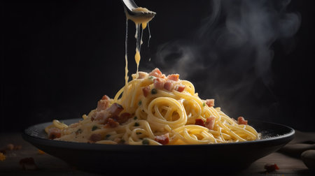 Pasta Carbonara with bacon and cheese in black plate on black backgroundの素材