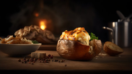 Baked potato with cheese and vegetables on a wooden table in the darkの素材