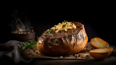 Baked meat with cheese and herbs on a dark background. Selective focus.の素材
