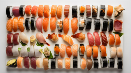 Sushi set on a white background. Sushi rolls, nigiri, nigiri, california, tuna, eel, caviar, salmon, shrimp, caviar, mussels, crabpus, squidの素材