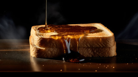 Honey dripping from a toasted bread on a black background.の素材