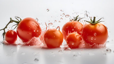 Fresh cherry tomatoes in water splash on white background, close-upの素材