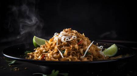 Noodles with meat and vegetables on a black plate. Black background.の素材