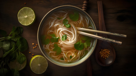 Asian noodle soup with chopsticks and lime on wooden background.の素材