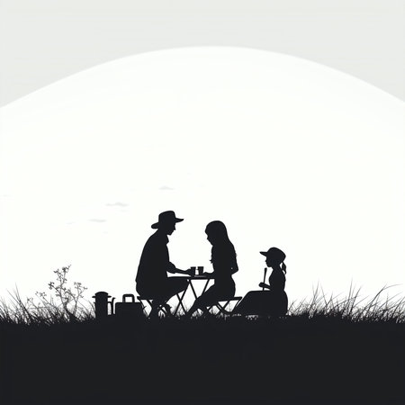 Family picnic in the meadow. Silhouette of a man and a woman with a child on a picnic.の素材