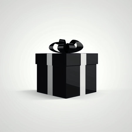 Black gift box with black ribbon and bow on white background. Vector illustration.の素材