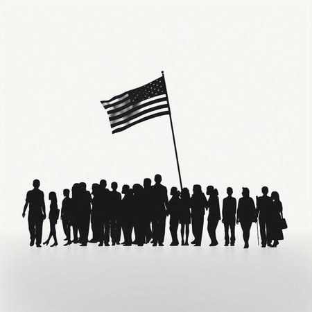 Silhouettes of Business People Holding Flag of United States of Americaの素材
