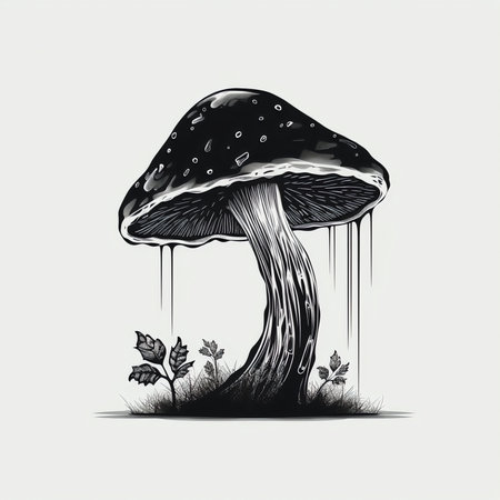 Mushroom in the forest. Black and white vector illustration.の素材