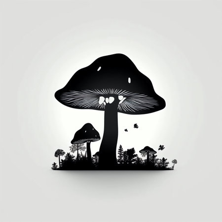Mushroom and forest. Black silhouette on white background. Vector illustration.の素材