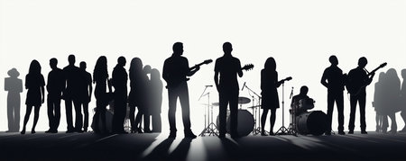 Silhouette of a group of musicians on a white background.の素材