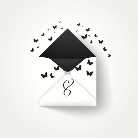 Illustration of an open envelope with a black bookmark and butterflies.の素材