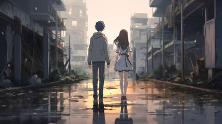 Rear view of a young couple walking on the street at sunset.の素材