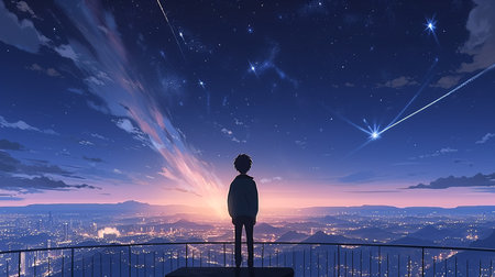 Woman looking at the city at night with a starry sky.の素材