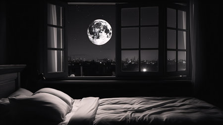 Double bed in dark room with big full moon and night city viewの素材