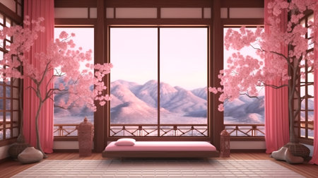 3D Rendering of Bedroom in a Japanese Style with Sakura Flowersの素材