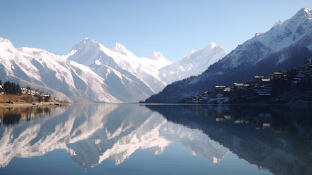 Mountains reflected in a lake in the Swiss Alps, Switzerland.の素材
