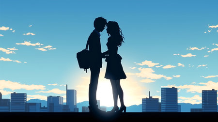 Silhouette of a loving couple against the background of the cityの素材