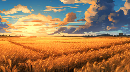 Beautiful sunset over wheat field. 3d rendering. Computer digital drawing.の素材