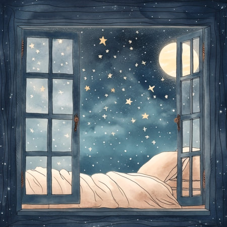 Winter night landscape. View from the window. Watercolor illustration.の素材