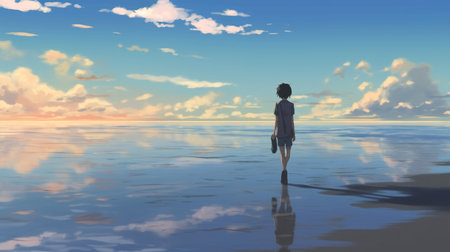 3d illustration of a girl walking on the beach and looking at the seaの素材