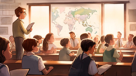 Group of schoolchildren listening to teacher in classroom. Education concept.の素材